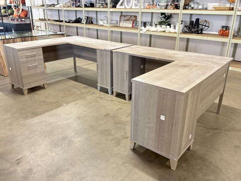 (2) L-Shaped Laminate Wood Office Desks With Drawers And Cabinets, 59in x 59in (There are some scratches and cosmetic imperfections)