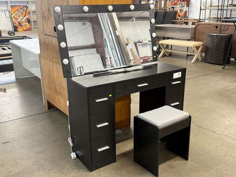 Wood Vanity Set With Lighted Mirror, Drawers, and Stool, 42" x 16"