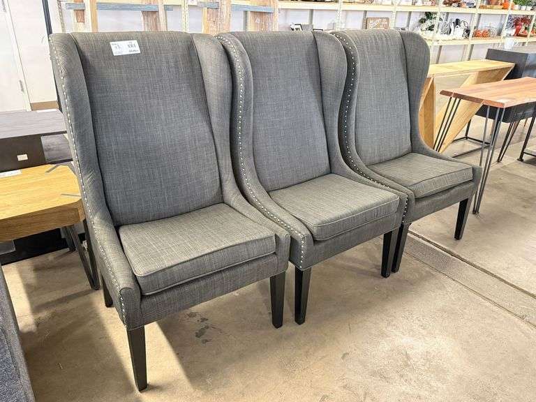 (3) Gray Upholstered High Back Wing Chairs With Nailhead Trim