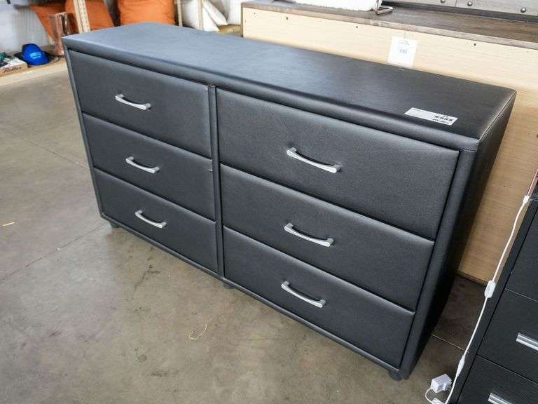 Six-Drawer Faux Leather Dresser with Metal Handles, 56” x 16”