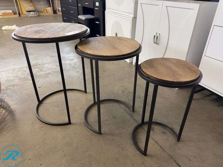 (3) Nesting Tables, Round Wood Tops, Metal Frames, 20”, 17”, 13”