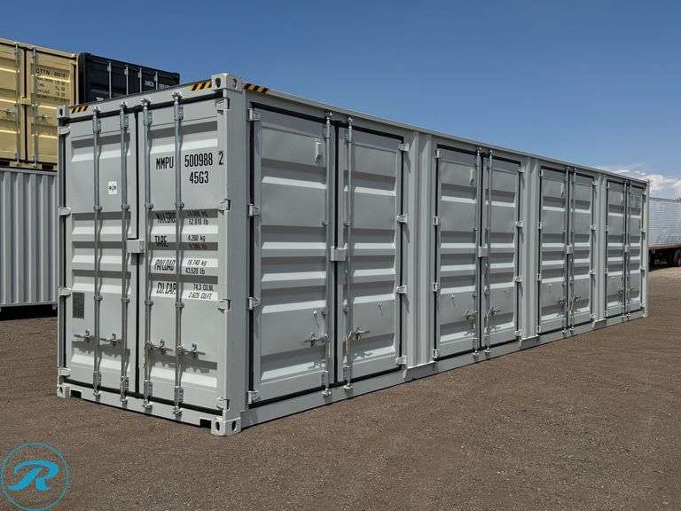New 2026 40' Steel Storage Container, High Cube, 9'6" H X 8' W, (4) Double Door Side Openings (Damaged, Small Hole)