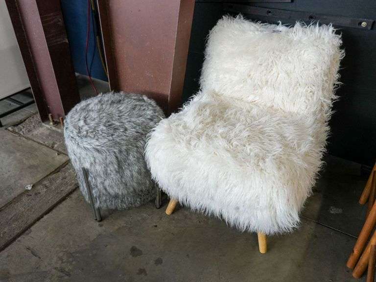 Faux Fur Accent Chair and Ottoman Set, Wood and Metal Legs