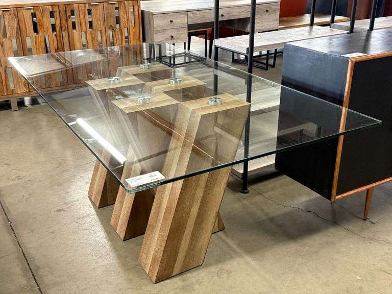 Glass Top Dining Table With Solid Wood Geometric Base, 71" x 39"