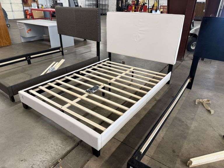 White Upholstered Platform Bed Frame with Headboard, Overall Dimensions 81" x 56"