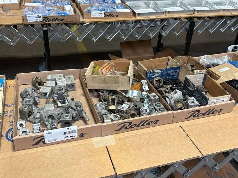 (3) Tryas of Assorted Connectors, Clamps, and Fasteners