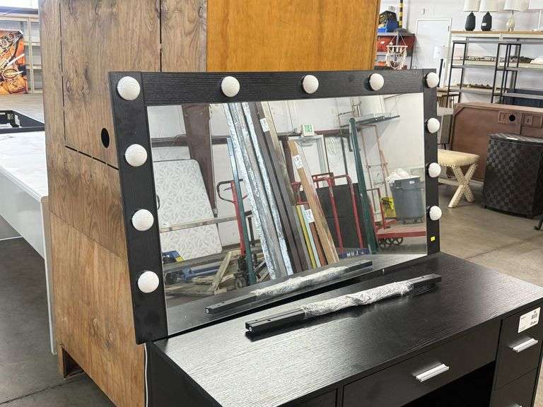 Wood Vanity Set With Lighted Mirror, Drawers, and Stool, 42" x 16" - Roller Auctions