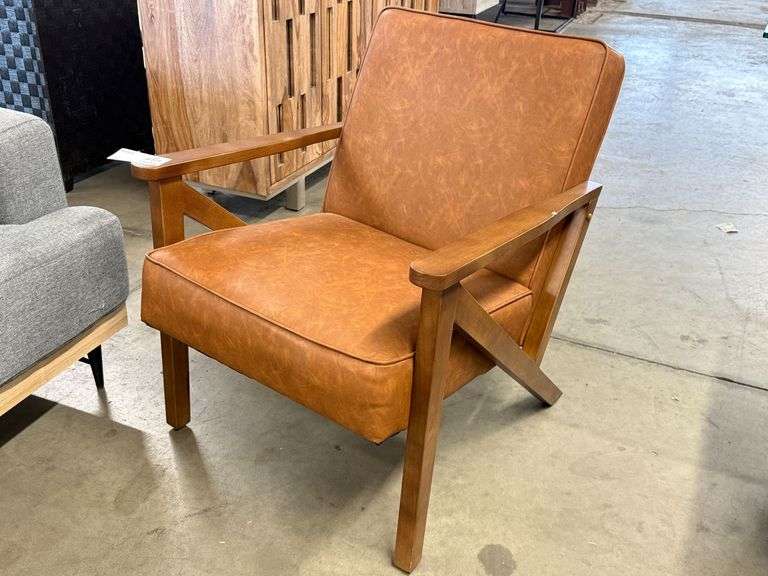 Mid-Century Style Faux Leather Armchair With Wooden Frame