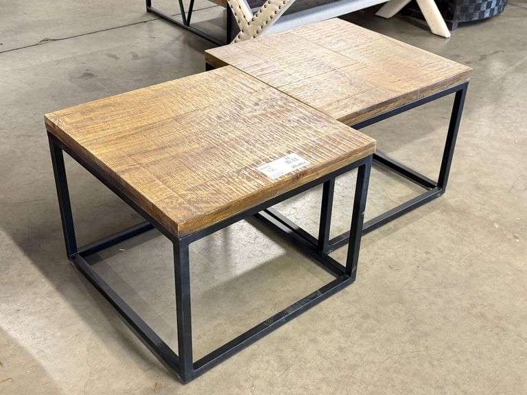 (2) Modern Square Wood and Metal Side Tables, 20in x 20in