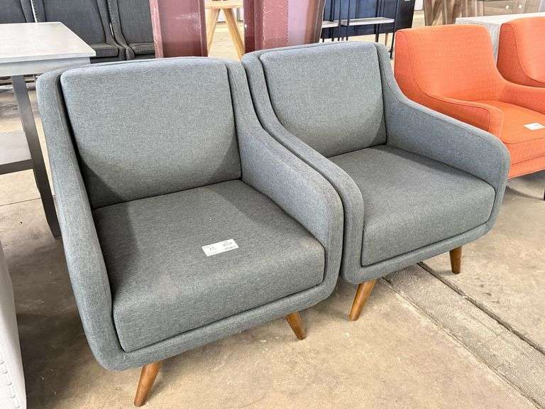 (2) Gray Upholstered Armchairs, Tapered Wood Legs, Mid-Century Modern Style