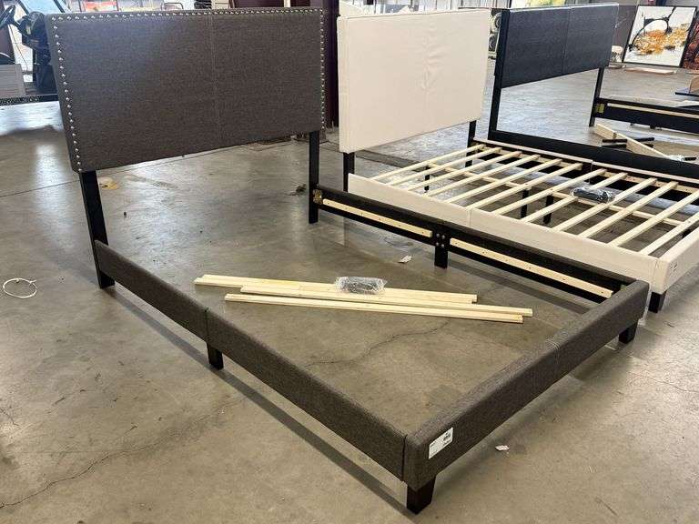 Upholstered Platform Bed Frame With Nailhead Trim Headboard, Gray Fabric, Overall Dimensions 81" x 56"