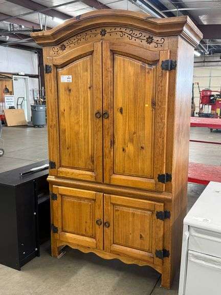 Wood Armoire With Floral Carved Accents, Two Upper And Two Lower Doors, 44” x 25” x 80”H