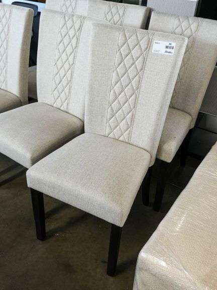 (6) Upholstered Dining Chairs, Diamond Stitch, Light Beige Fabric, Black Legs - Roller Auctions
