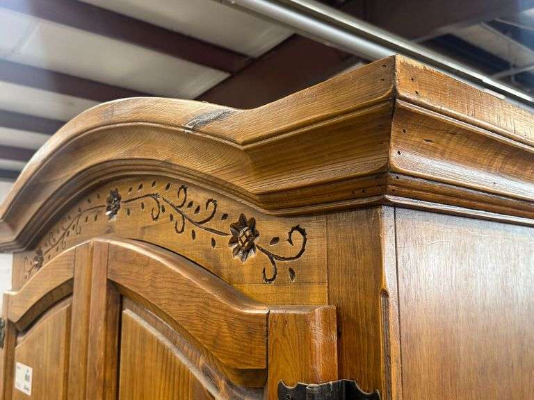 Wood Armoire With Floral Carved Accents, Two Upper And Two Lower Doors, 44” x 25” x 80”H - Roller Auctions