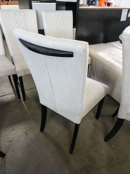 (6) Upholstered Dining Chairs, Diamond Stitch, Light Beige Fabric, Black Legs - Roller Auctions