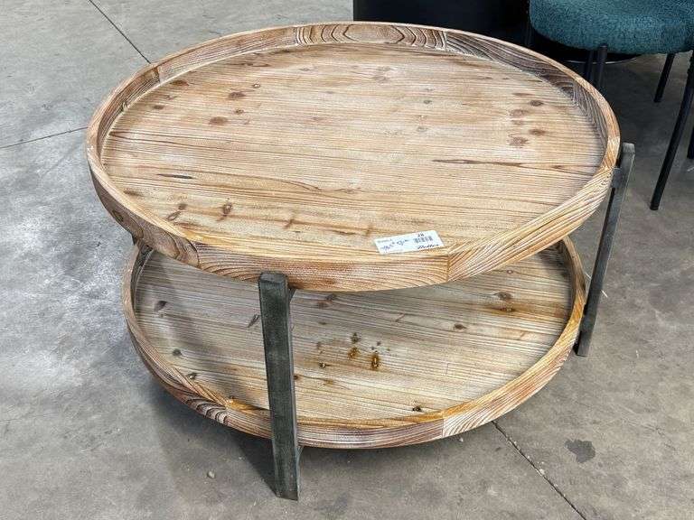Round Two-Tier Wood and Metal Coffee Table, 38.5in Diameter