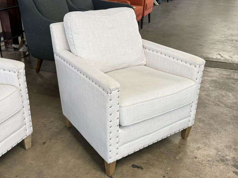 (2) Upholstered Armchairs, Nail-head Trim, Wood Legs - Roller Auctions