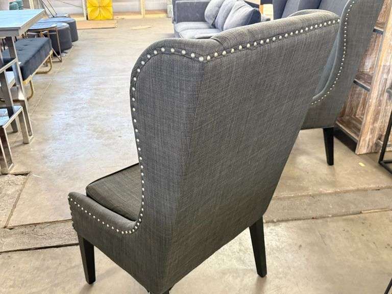 (3) Gray Upholstered High Back Wing Chairs With Nailhead Trim - Roller Auctions