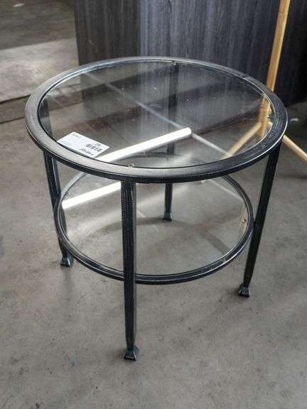 Round Glass Top Metal Side Table With Lower Shelf, 24”