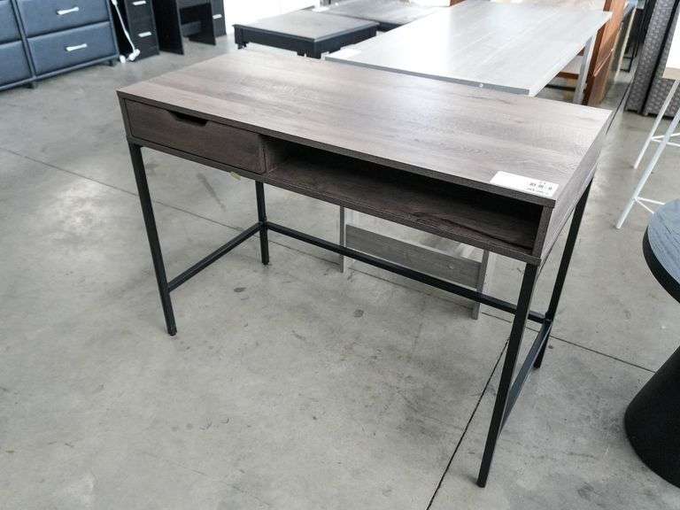 Modern Wood and Metal Writing Desk with Drawer and Open Storage, 40” x 19”