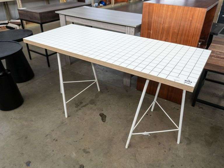 Grid Pattern Table, White Laminate Top, Metal Legs, 24" x 55"