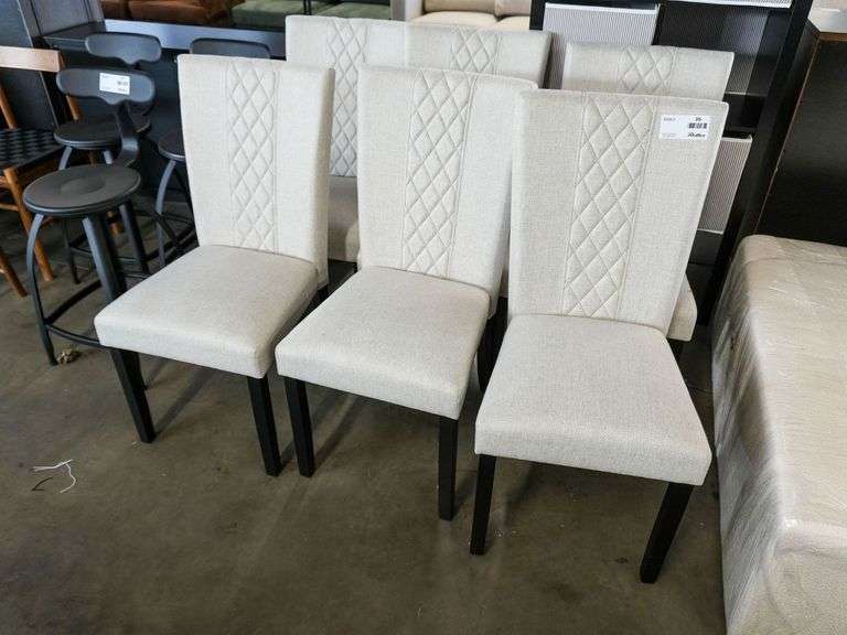 (6) Upholstered Dining Chairs, Diamond Stitch, Light Beige Fabric, Black Legs