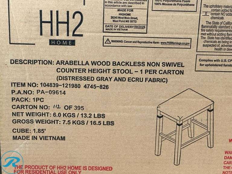 HH2 Home: Arabella Wood Backless Non Swivel Distressed Counter Stool, Grey- New - Roller Auctions