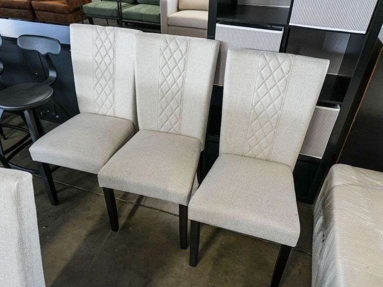 (6) Upholstered Dining Chairs, Diamond Stitch, Light Beige Fabric, Black Legs - Roller Auctions