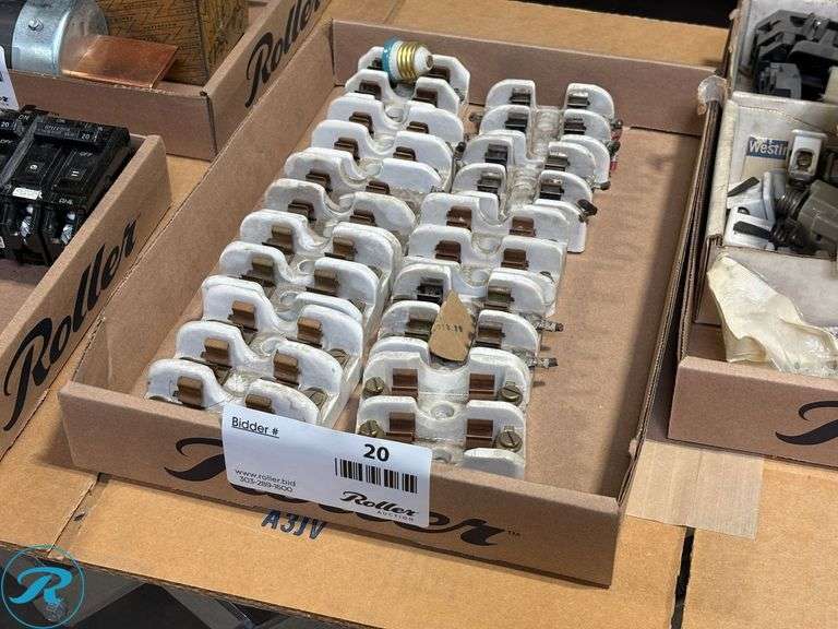 (2) Trays of Porcelain Fuse Blocks, Plug Fuses, Wire Markers, and Hardware