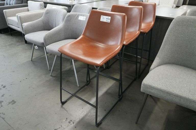 (3) Brown Faux Leather Bar Stools, Metal Base
