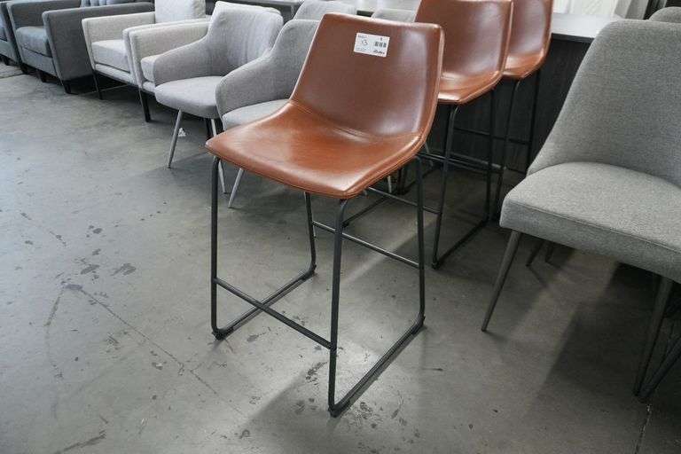 (3) Brown Faux Leather Bar Stools, Metal Base - Roller Auctions