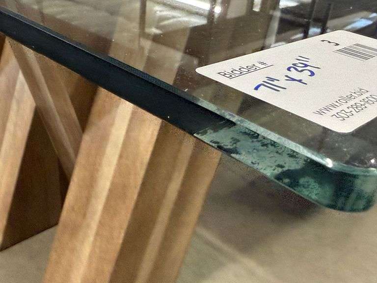 Glass Top Dining Table With Solid Wood Geometric Base, 71" x 39" - Roller Auctions