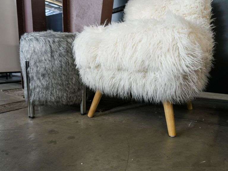 Faux Fur Accent Chair and Ottoman Set, Wood and Metal Legs - Roller Auctions