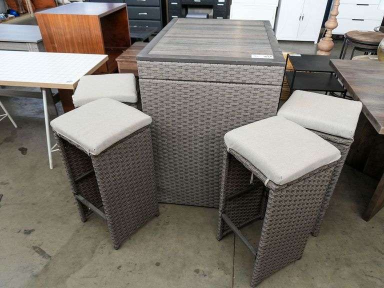 Wicker Bar Set with (4) Cushioned Wicker Bar Stools and Table, 28" x 38"