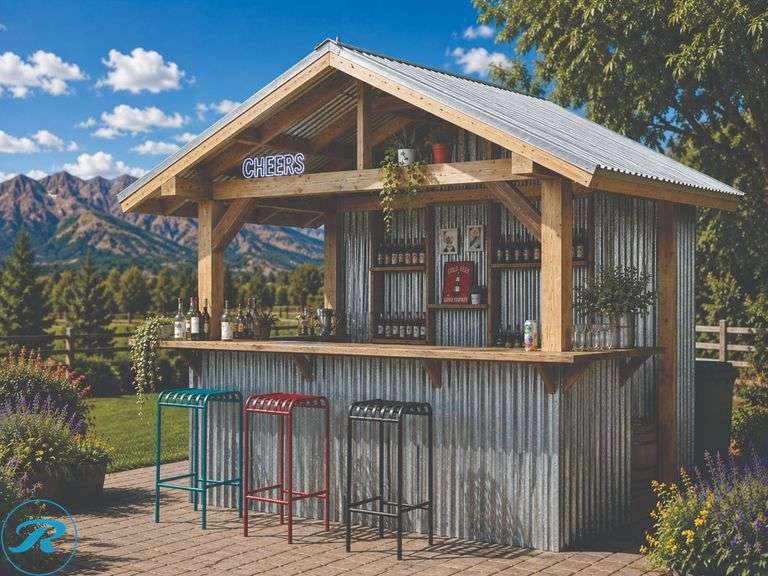 DIY - Rustic Outdoor Bar 10x8 – Solid Wood + Metal Look Description