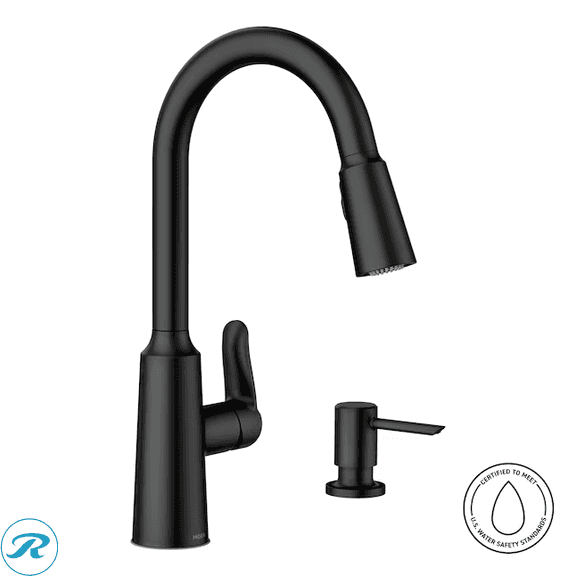 New- Moen Edwyn Matte Black Single Handle Deck-mount Pull-down Kitchen Faucet with Sprayer (Includes Deck Plate) (Includes Soap Dispenser)