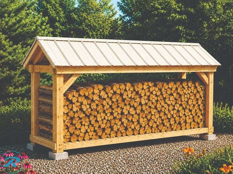Easy DIY Build! - Rustic Firewood Rack Kit w/ Light Stone Color Metal Roof - Approximate finished size: 56" W x 94" L