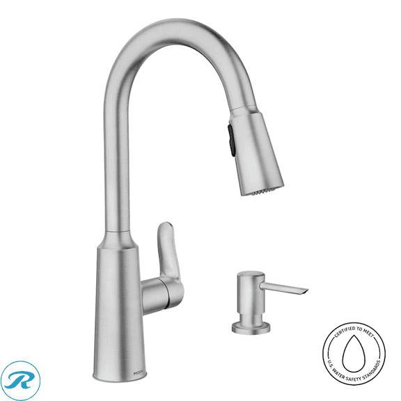 New - Moen Edwyn Spot Resist Stainless Single Handle Deck-mount Pull-down Kitchen Faucet with Sprayer (Includes Deck Plate) (Includes Soap Dispenser)