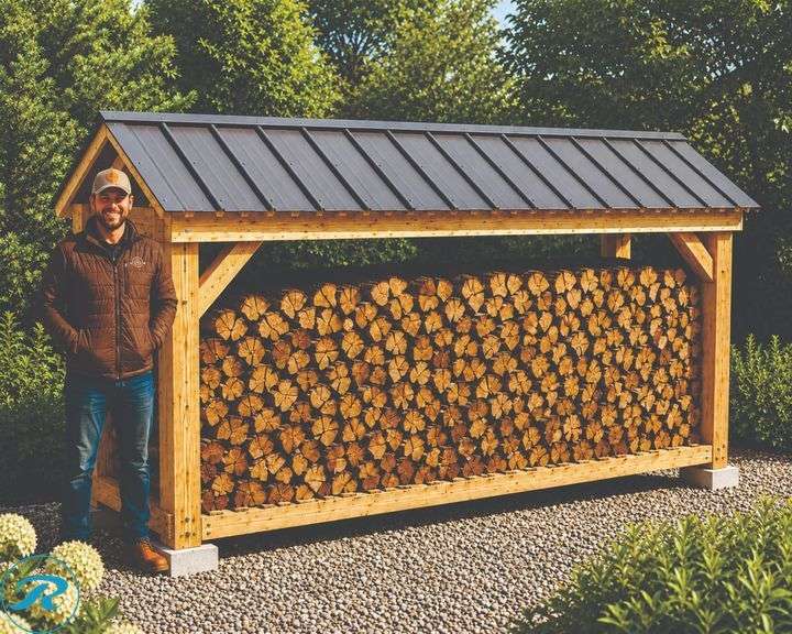 Easy DIY Build! - Rustic Firewood Rack Kit w/ Charcoal Color Metal Roof – Approximate finished size: 56" W x 94" L