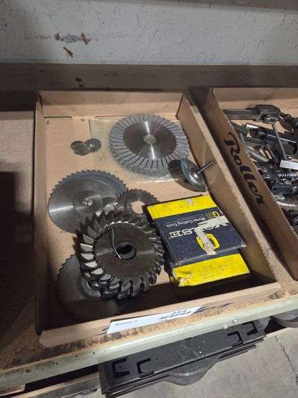 Tray of Metal Slitting Saws, Gear Cutters, and Morse Cutting Tools