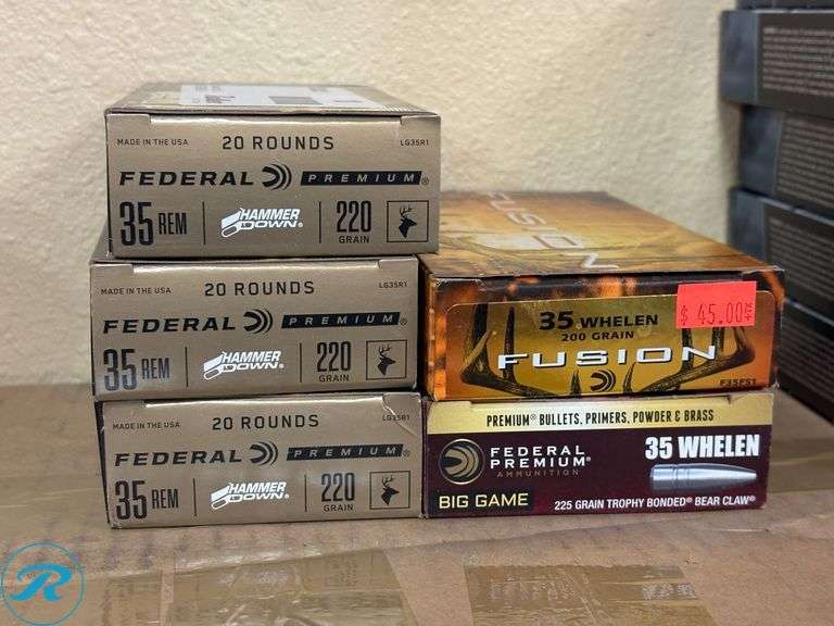 (3) Federal Premium LG35R1 35 Rem Hammer Down 220 Grain, (1) Federal Fusion F35FS1 35 Whelen 200 GR and (1) Federal Premium 35 Whelen 225 Grain Trophy Bonded Bear Claw Ammunition, 20ct