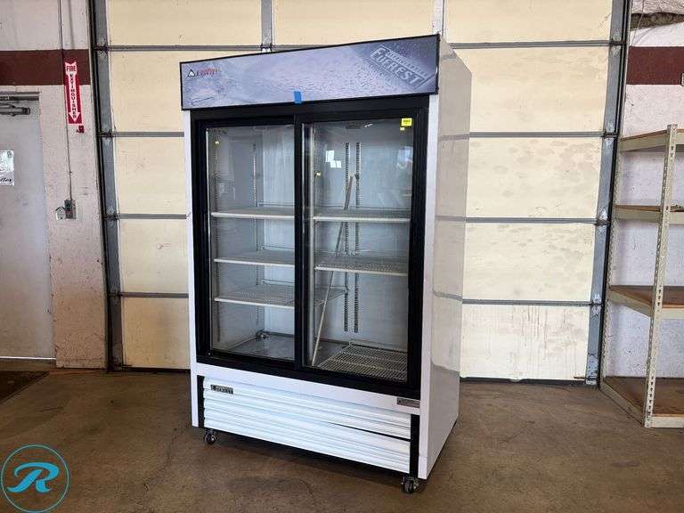 Everest EMGR48 2-Door Glass Refrigerated Merchandiser with Casters, 20 Amp electrical connection required.
