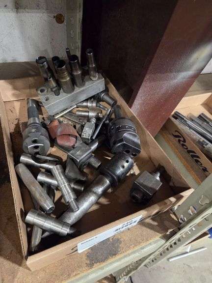 Tray of Assorted Metal Lathe Tool Holders, Boring Heads, and Machinist Accessories