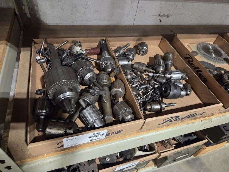(2) Trays of Drill Chucks and Chuck Keys, Metal Construction