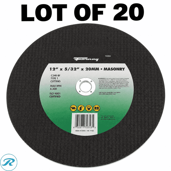 (20) New Forney 72354 Masonry/Asphalt Cutting Wheels, Type 1, 12 x 5/32 x 1 Inch