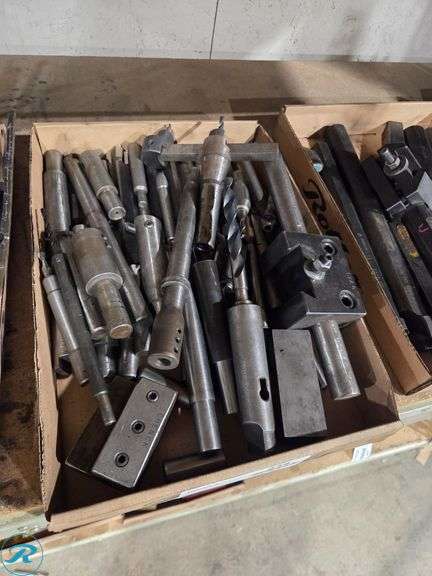 Tray of Assorted Metal Lathe Tool Holders, Boring Bars, and Drill Holders
