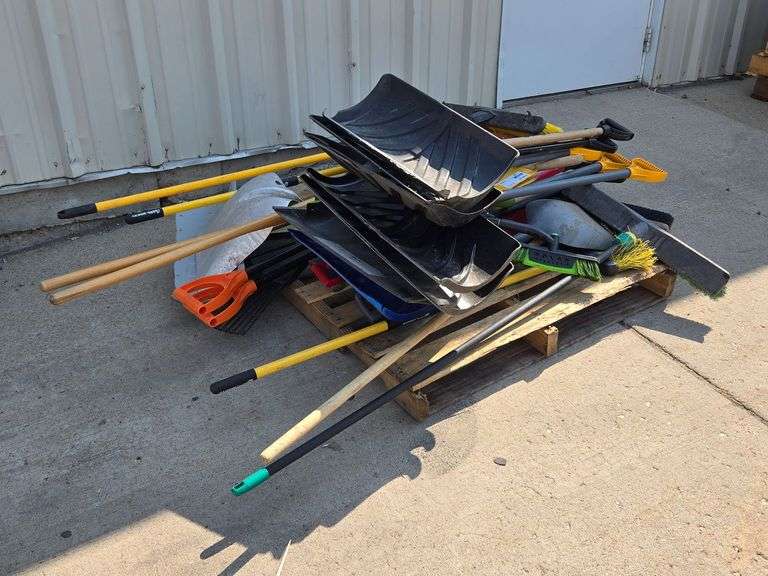 Pallet of Snow Shovels, Push Brooms, Metal Shovels, Rakes, and Yard Tools