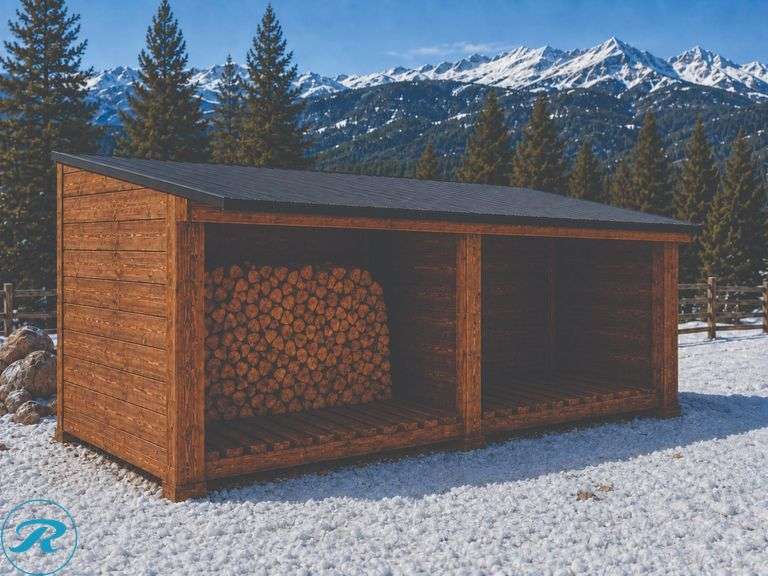 NEW DIY KIT – 6' x 16' Two-Bay Covered Firewood Storage Shed – Brand-New Redwood with Weathered Appearance (Never Used) – Metal Roof