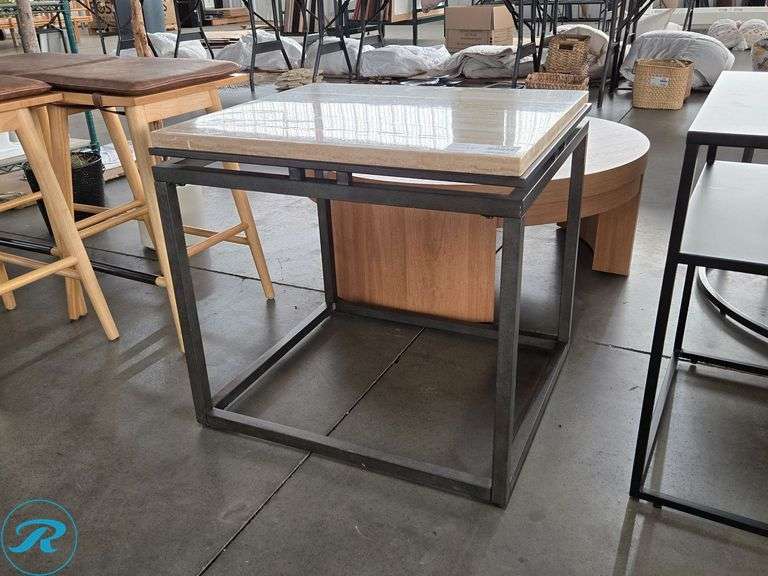 Stone Top Side Table With Black Metal Base, 25" x 22"