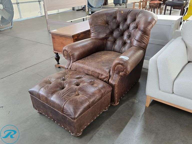 Restoration Hardware Leather Tufted Armchair and Ottoman (Some Scratches and Wear)